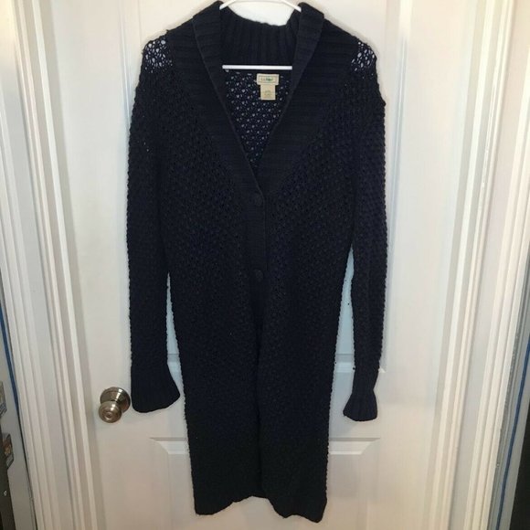 L.L. Bean Sweaters - LL Bean Women's XL Navy Blue Crochet Button Front Duster Length Cardigan Long